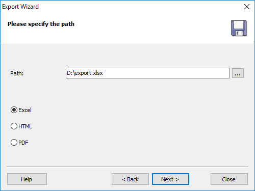 Specify the file path to save data, as well as report type