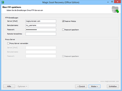 Magic Excel Recovery: FTP-Server Einstellungen