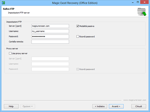 Magic Excel Recovery: Impostazioni del server FTP