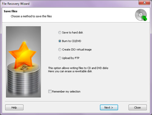 The wizard allows saving the files onto a different disk, archiving them to a ZIP file, or uploading to a network location over the FTP protocol