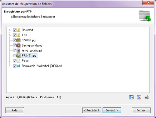Enregistrer par FTP : Sélectionnez les fichiers à récupérer