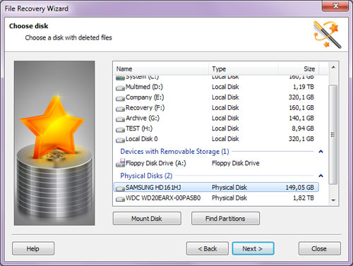 File Recovery Wizard: Selecting a disk