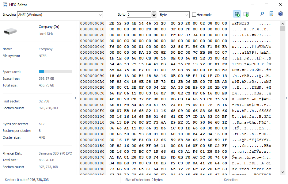Built-in HEX-editor helps you view files, partitions and physical drives contents