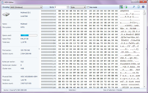The software includes a HEX-editor to view file contents as well as data stored on logical partitions or physical drives