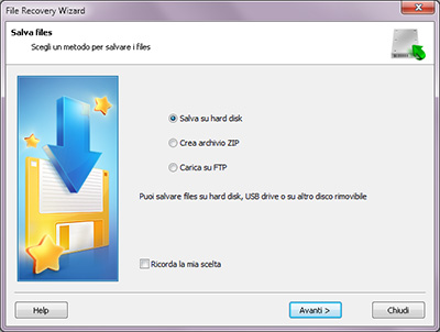 Salvataggio Guidato: Scegliere uno dei quattro metodi per salvare i file (salvare su disco rigido, crea archivio ZIP, salvare su Internet attraverso un server FTP)