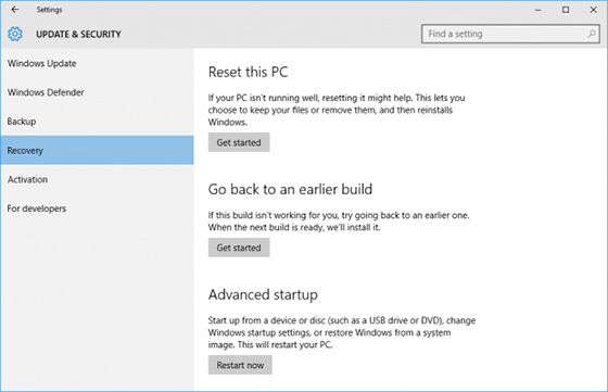 Reset this PC option in the Recovery tab