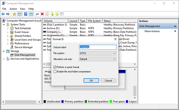 Windows Computer Management: format disk