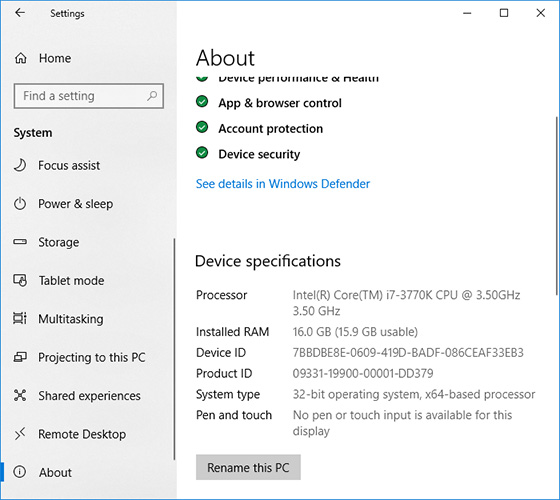 Betriebssystemtyp in den Eigenschaften von Windows 10