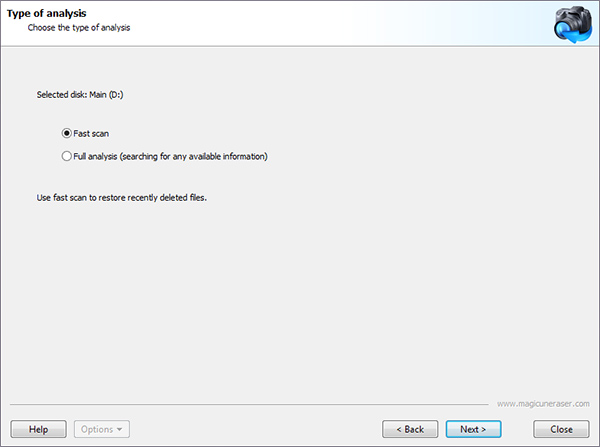 Using Magic Photo Recovery: Choose “Fast scan” or “Full analysis” for a more detailed scan