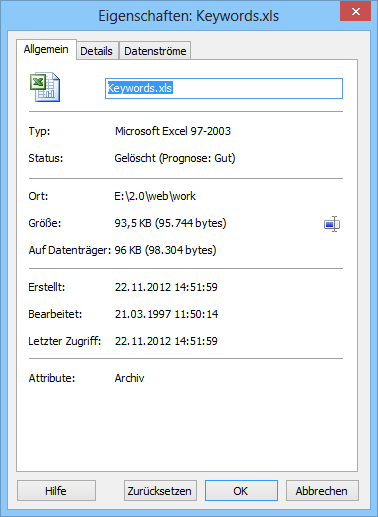 Magic Excel Recovery anwenden: Dateieigenschaften