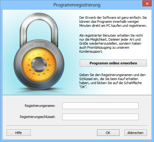 Geben Sie den Registrierungsnamen und den Schlüssel ein, die Sie beim Kauf erhalten haben