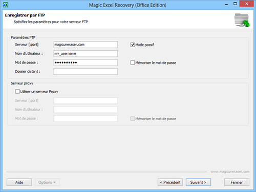 Magic Excel Recovery : Paramètres du serveur FTP