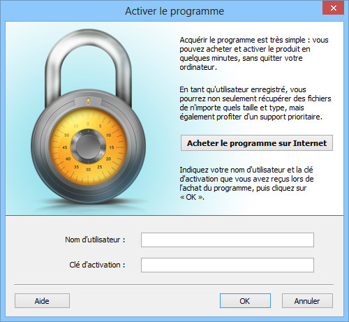 Indiquez votre nom d'utilisateur et la clé d'activation que vous avez reçus lors de l'achat du programme