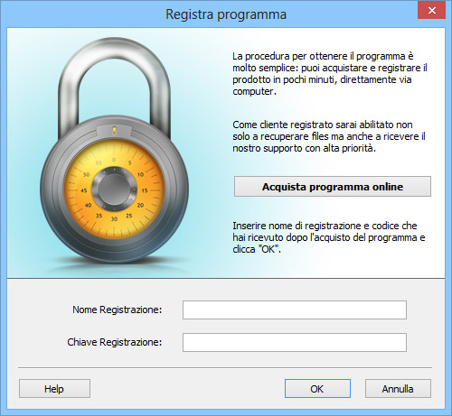 Inserire nome di registrazione e codice che hai ricevuto dopo l'acquisto del programma
