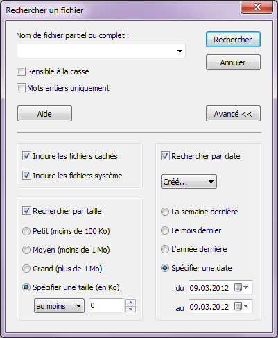 Vous pouvez effectuer une recherche des fichiers par date ou par taille et indiquer de nombreux autres paramètres