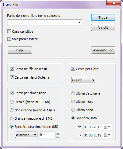 È possibile eseguire la ricerca i file per data, dimensione e molti altri parametri
