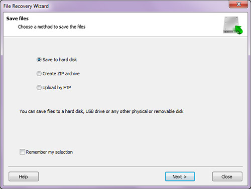 La procedura guidata permette di salvare i file su un altro disco, crea archivio ZIP, o caricarli sul proprio server FTP