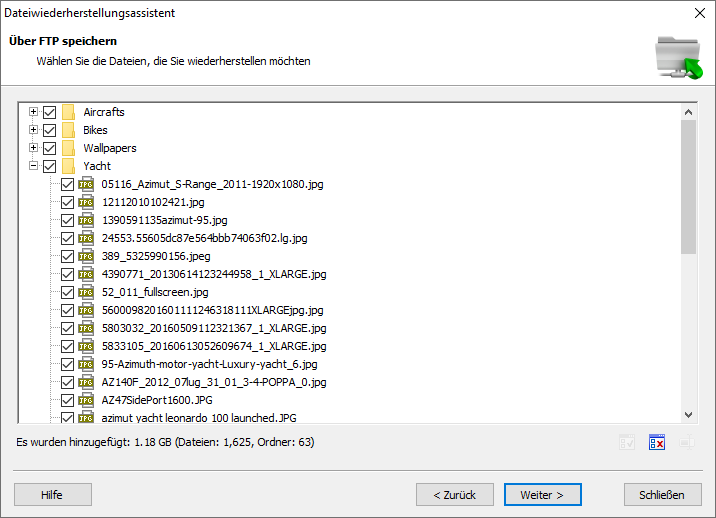 Über FTP speichern: Wählen Sie die Dateien, die Sie wiederherstellen möchten