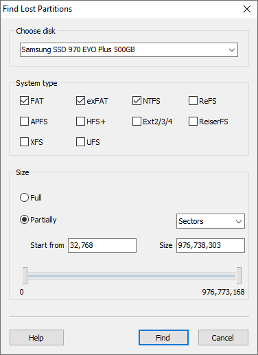 Search for Deleted Volumes: Indicate the type of file system to search for and the area to search