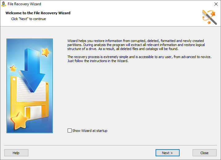 Easy-to-use wizard will guide you through the whole process of restoration of files