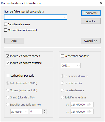 Vous pouvez effectuer une recherche des fichiers par date ou par taille et indiquer de nombreux autres paramètres