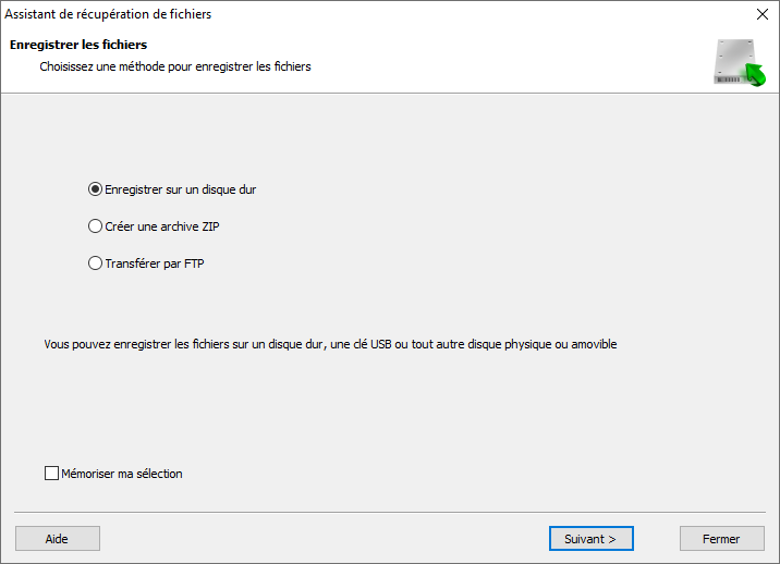 L'assistant permet de sauvegarder les fichiers sur un disque différent, créer une archive ZIP ou de les télécharger sur un emplacement réseau via le protocole FTP