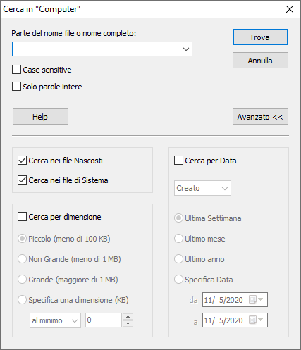 È possibile eseguire la ricerca i file per data, dimensione e molti altri parametri