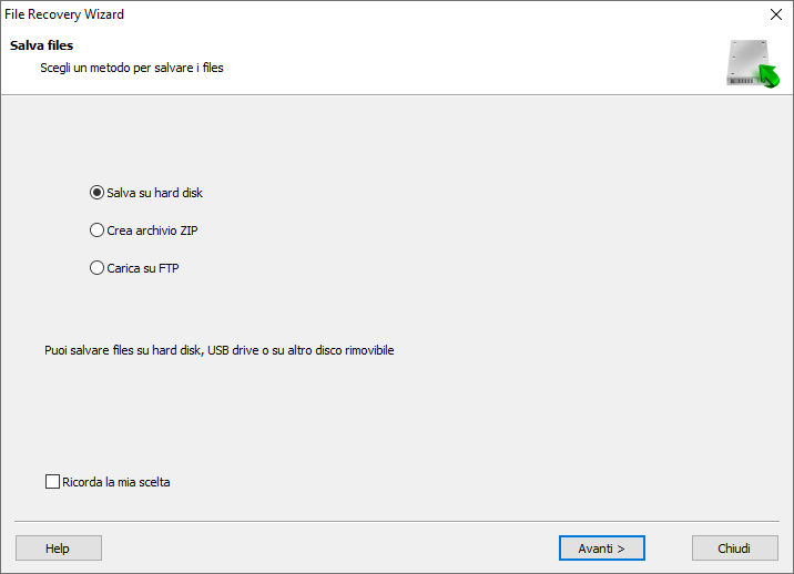 La procedura guidata permette di salvare i file su un altro disco, crea archivio ZIP, o caricarli sul proprio server FTP