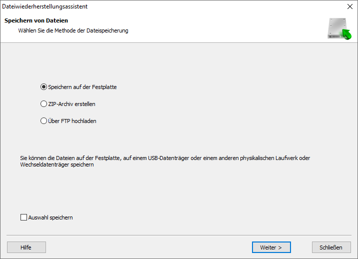 Der Assistent ermöglicht das Speichern der Dateien auf einer anderen Platte, das ZIP-Archiv erstellen oder das Hochladen auf ein Netzwerk über ein FTP-Protokoll