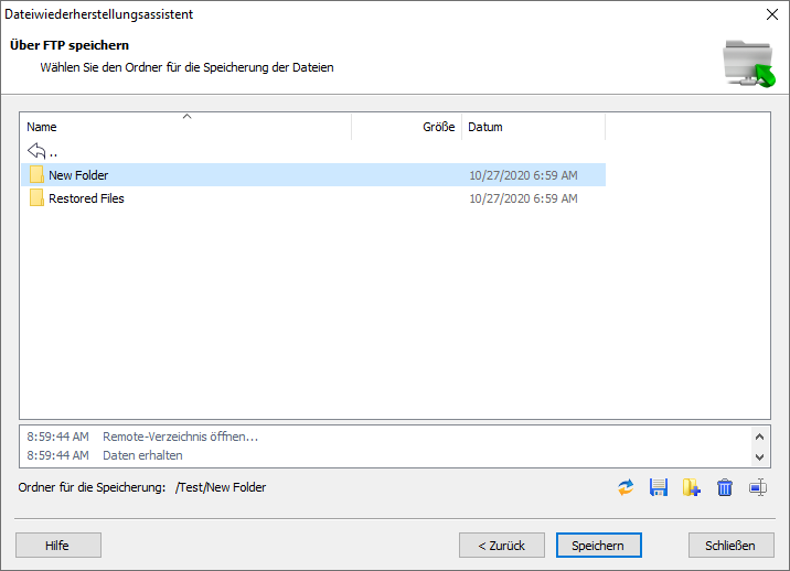 Über FTP speichern: Wählen Sie den Ordner für die Speicherung der Dateien