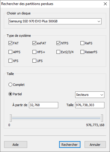 Rechercher des volumes effacés : Indiquant le type de système de fichier et la zone à rechercher