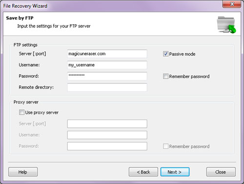 Saving over FTP with Magic NTFS Recovery: Specifying settings for your FTP server