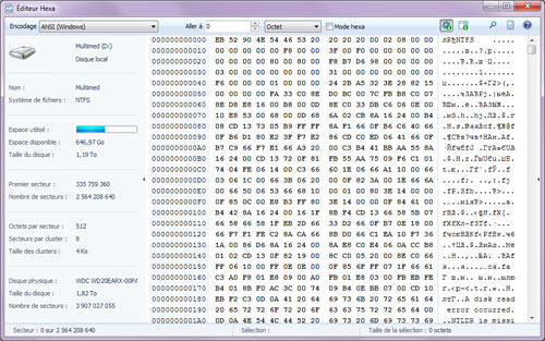 Magic NTFS Recovery inclut un éditeur en hexadécimal permettant de visionner le contenu de fichiers