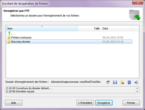 Enregistrement par FTP avec Magic NTFS Recovery : Choisir le dossier distant du serveur FTP dans lequel enregistrer vos fichiers récupérés