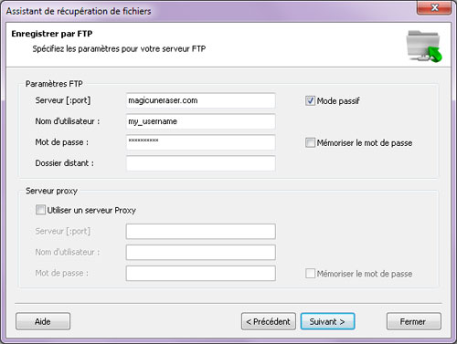 Enregistrement par FTP avec Magic NTFS Recovery : spécifier des paramètres pour votre serveur FTP