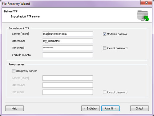 Salvataggio su FTP con Magic NTFS Recovery: specifica le impostazioni del server FTP