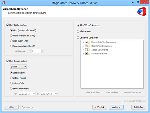 Datei Wiederherstellungsassistent: Bestimmen Sie die gewünschten Kriterien der Dateisuche