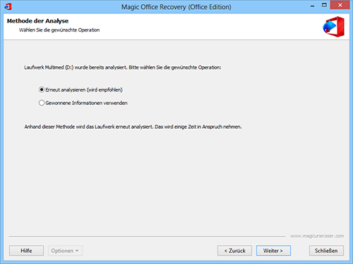Wählen Sie die gewünschte Analysemethode und klicken Sie auf Weiter, um die Laufwerkanalyse und die Suche nach gelöschten Dateien zu starten