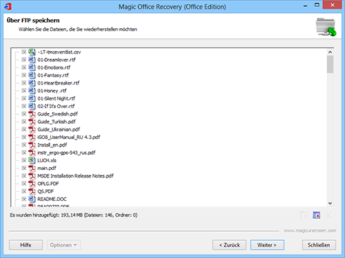 Über FTP speichern: Wählen die wiederherzustellenden Dokumente