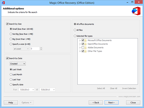 File Recovery Wizard: Set criteria for file search