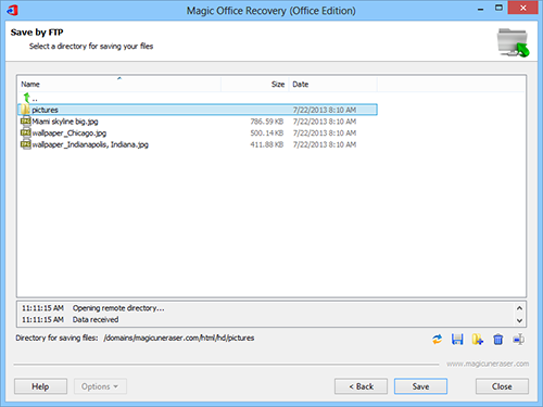 Choose the remote FTP server directory to save your recovered office documents
