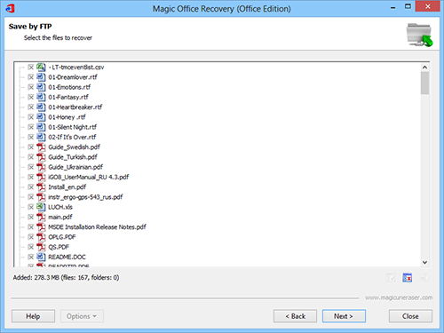 Saving over FTP: Select the documents you wish to recover