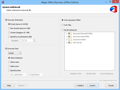 File Recovery Wizard: Criteri per la ricerca dei file