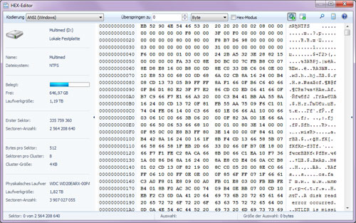 Der integrierte HEX-Editor ermöglicht Ihnen, den Inhalt von Dateien, Partitionen oder physikalischen Laufwerken anzusehen