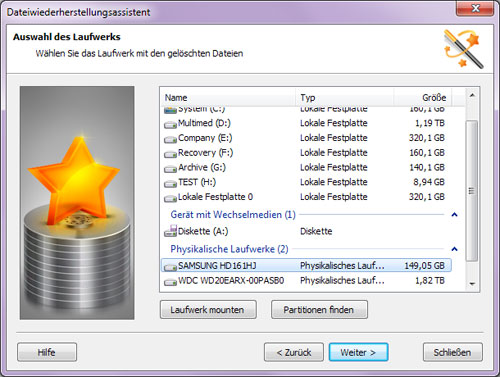 Dateiwiederherstellungsassistent: Auswahl des Laufwerks