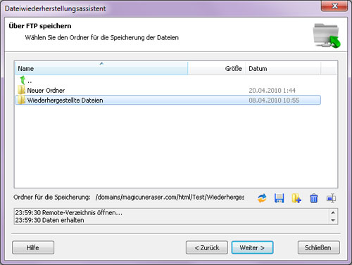 Magic Partition Recovery: Über FTP speichern: Remote-Verzeichnis