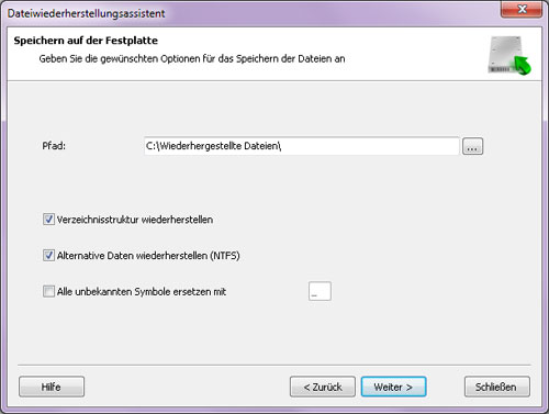 Datei Wiederherstellungs-Assistent können Sie die Dateien auf der Festplatte oder auf einem USB-Datenträger speichern