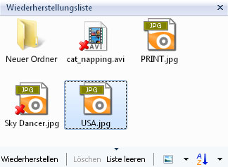 Die Symbolleiste für die Wiederherstellungsliste dient dazu, die gelöschten Dateien, die Sie wiederherstellen möchten, auszuwählen