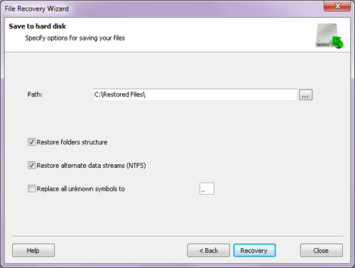 File Recovery Wizard allows you to save recovered files to a hard disk, USB drive or any other physical or removable disk