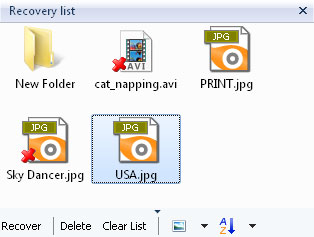 The recovery list toolbar helps you to pick out all of the deleted files you need before recovering them